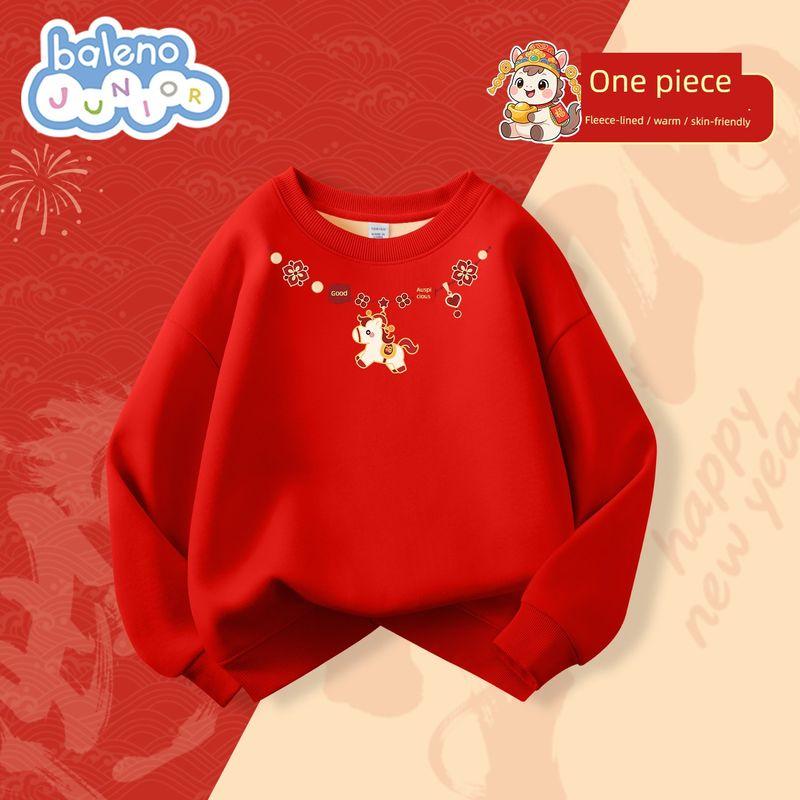 Baleno Kids Boys  Sweatshirt Children s Autumn and Winter Red Fleece Top Little Boys  Zodiac Year New Year Clothes Red # Tb Ring Horse Middle Upper 160 cm
