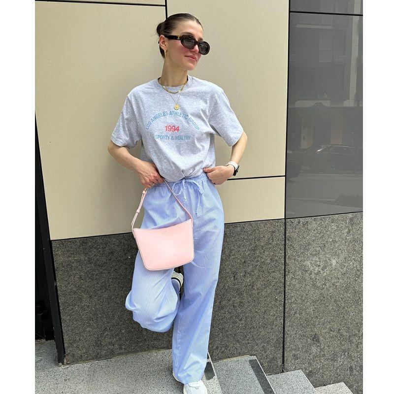 American Retro Sports Style Letter 1994 Print Small Icon Pure Cotton Shoulder Short Sleeve T-shirt for Women