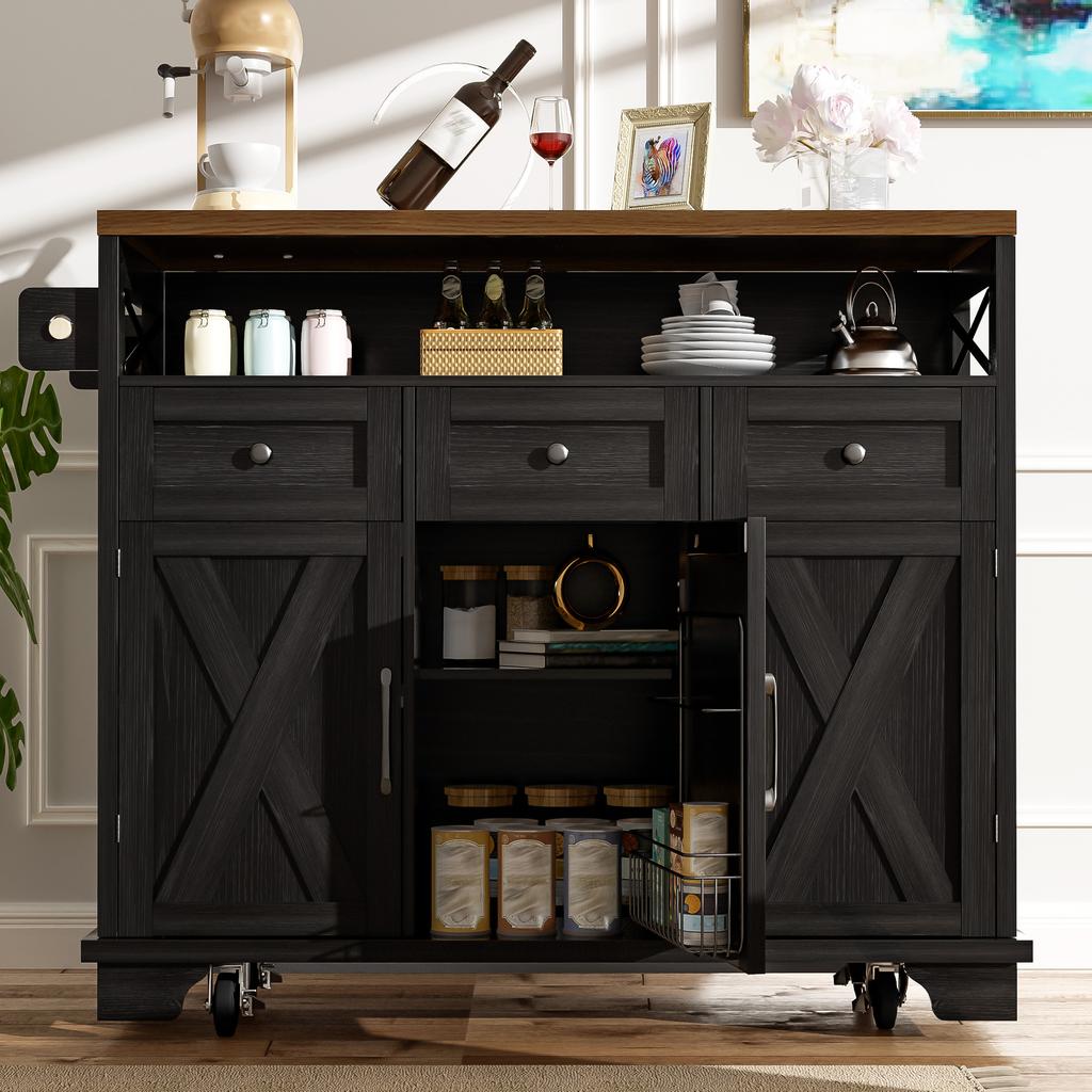 Modern Kitchen Island (118×43-70×98cm) with Wood Grain, Cart with Wheels, Multifunctional Storage, Removable Dividers, Towel Holder, Black