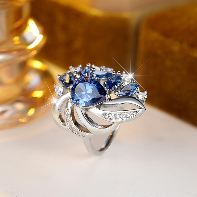Luxury Blue Crystal Flower Rings for Women Elegant Cubic Zirconia Engagement Jewelry Accessories
