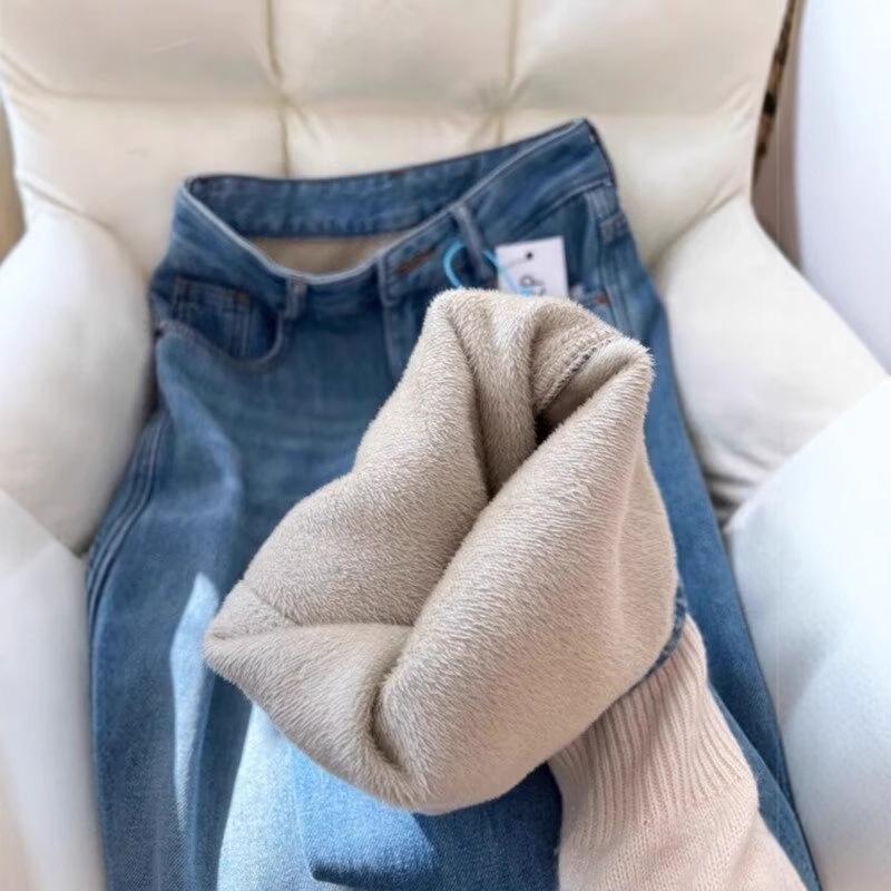 Pantaloni de damă retro albaștri, cu fleece pe interior, cu talie înaltă și picior drept, pentru toamnă și iarnă