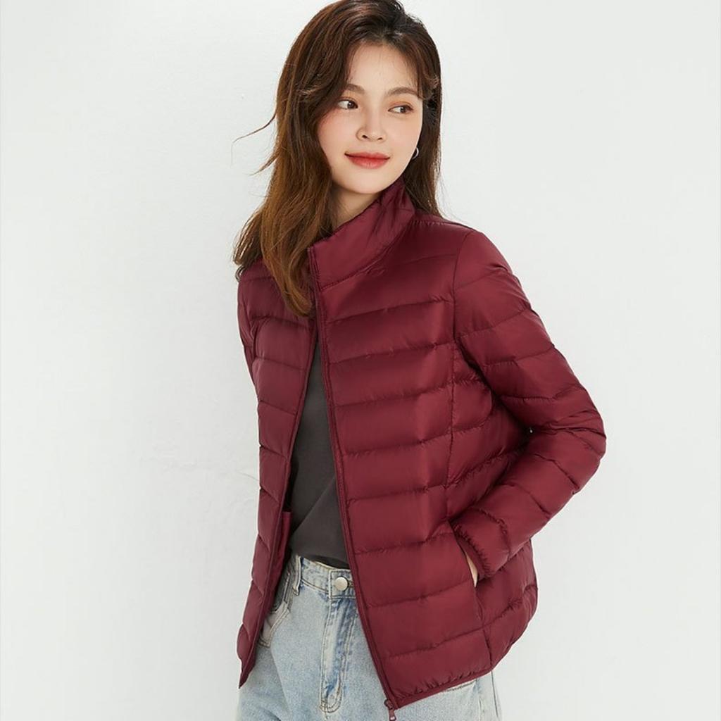 Women's Stand Collar Long Sleeve Short Down Jacket Slim Fit Lightweight 90% White Duck Down Coat