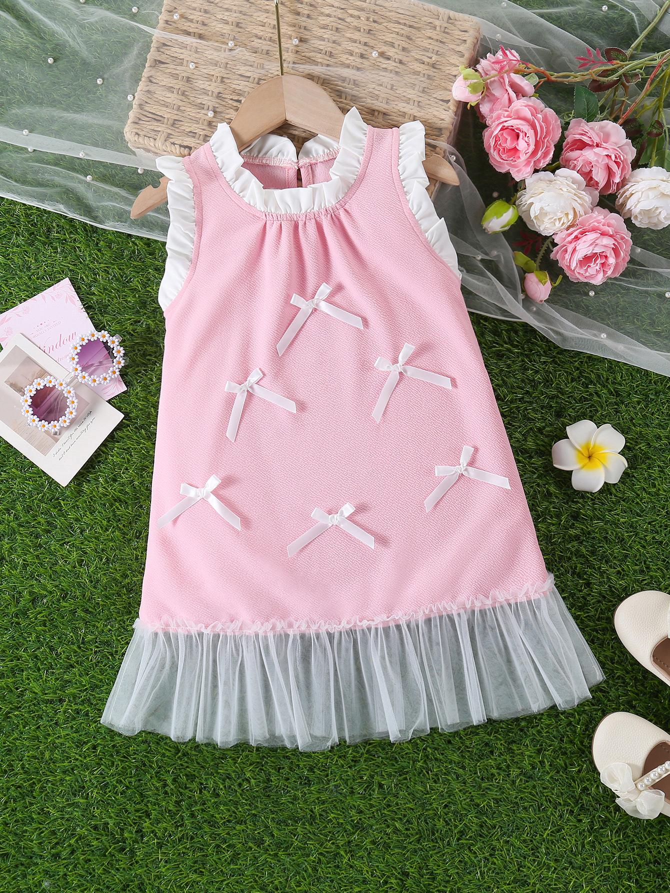 Young Girl s Everyday Casual  Dopamine  Style: Pink Round-Neck Dress featuring 3D Bows, Pleats, Lace Trim, and Mesh Paneling—Spring/Summer Collection 4Y розовый