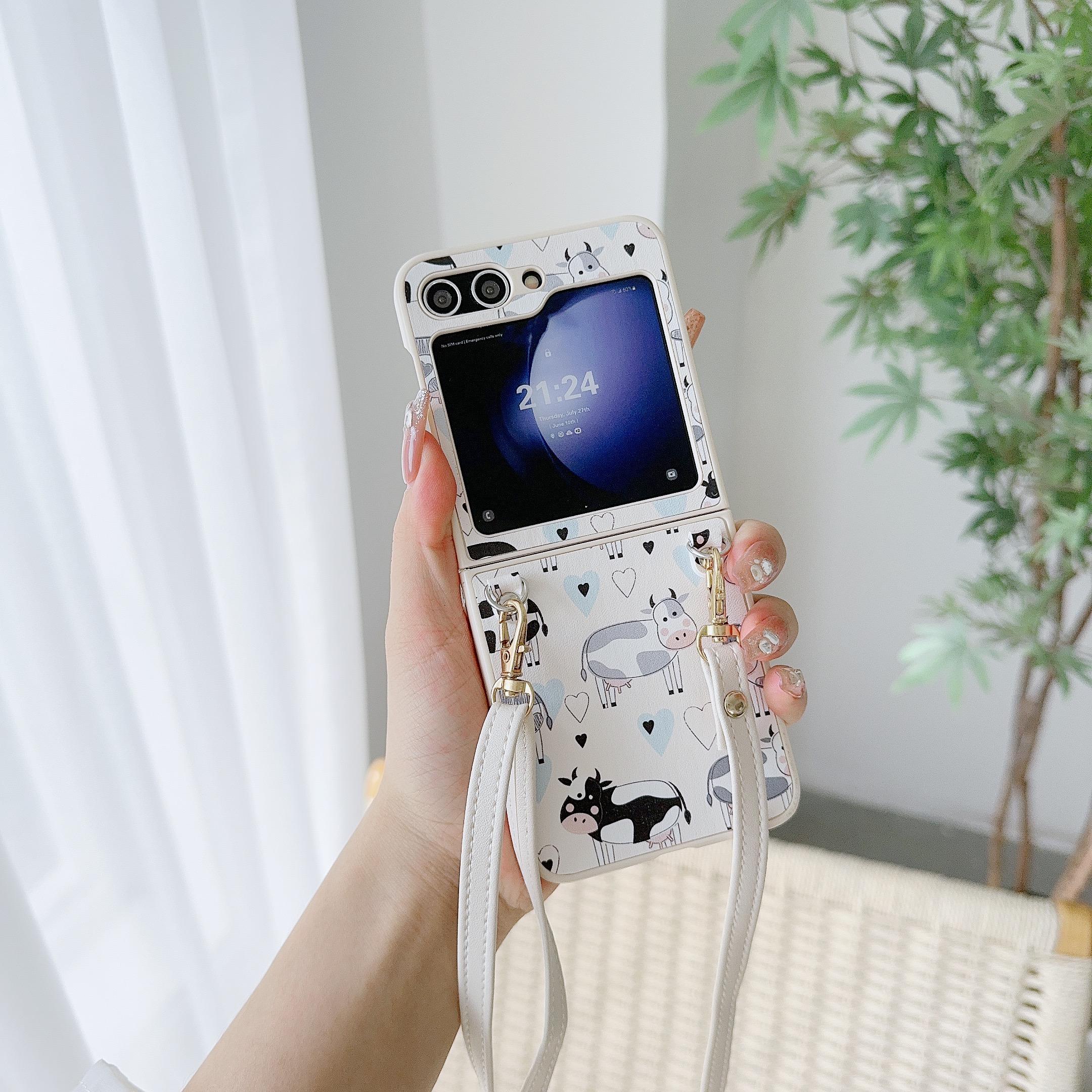 

For Samsung Galaxy Z Flip5 5G Folding Phone Case Cartoon Pattern Leather+PC Cover with Long Strap White Cow