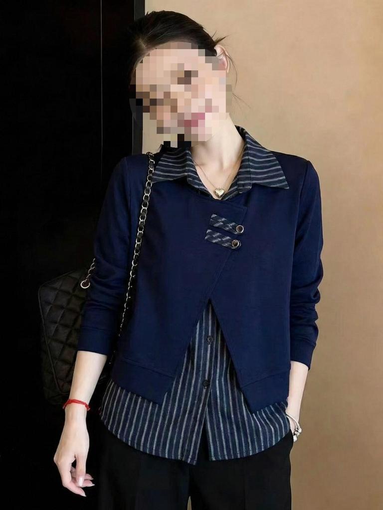 Women's Long Sleeve Striped Patchwork Shirt: Fake Two-Piece, Loose, Flaw-Covering, Slimming, Stylish, Versatile Spring Top