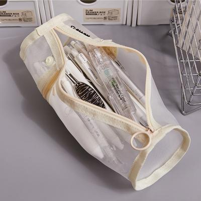 Simple Translucent Mesh Bucket Pencil Case Portable Student Desktop Stationery Bag Pen Holder Standable Women's Makeup Pouch