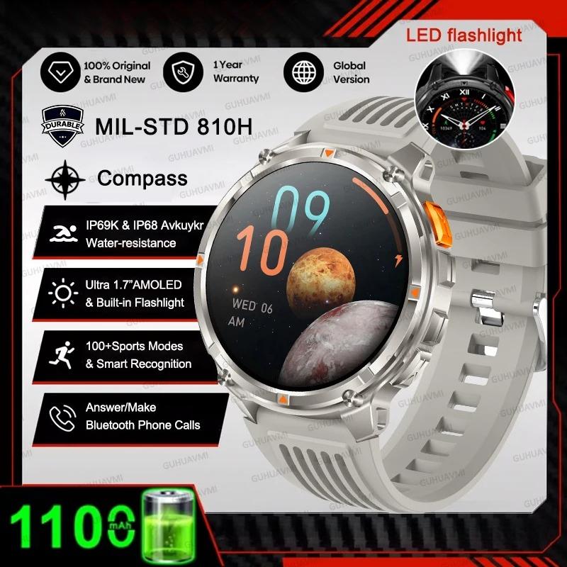 2026 New Military 1100mAh Battery Smart Watch 1.7" AMOLED Screen Compass GPS Flashlight Bluetooth Call Waterproof 5ATM Swim Smartwatch Men