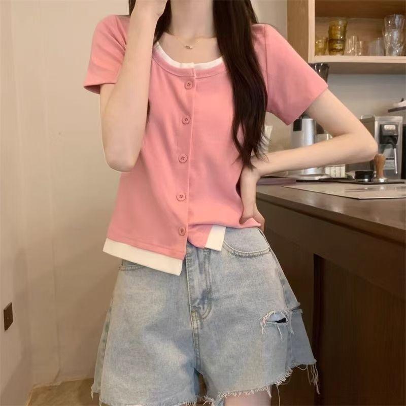 

Женские летние пуловеры пэчворк, имитация двух частей, контрастные цвета, круглый вырез, пуговицы, повседневные футболки с коротким рукавом L розовый