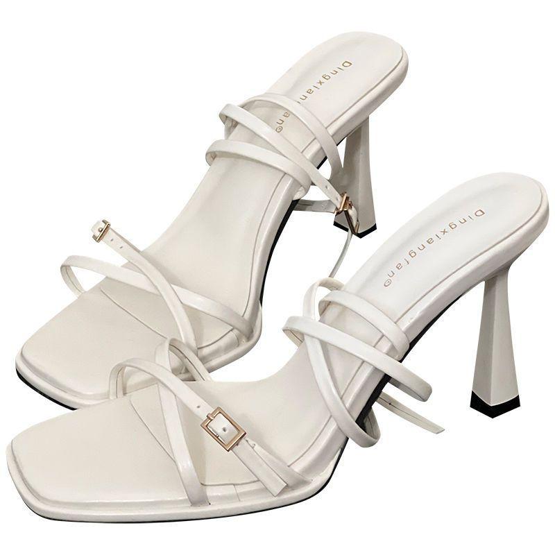 New summer retro versatile explosive good-looking white square head thin strap one word with thin heel high heel sandals