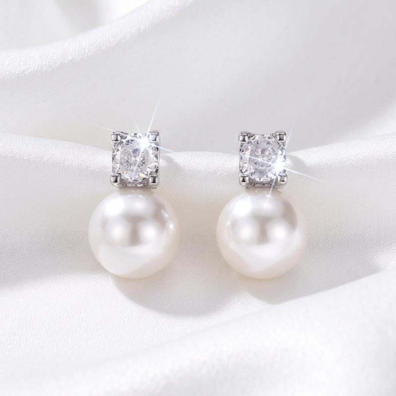 High Sense Square Zircon Pearl Stud Earrings Women, Simple Commuting Light Luxury Earrings Internet Celebrity Temperament Versatile Jewelry