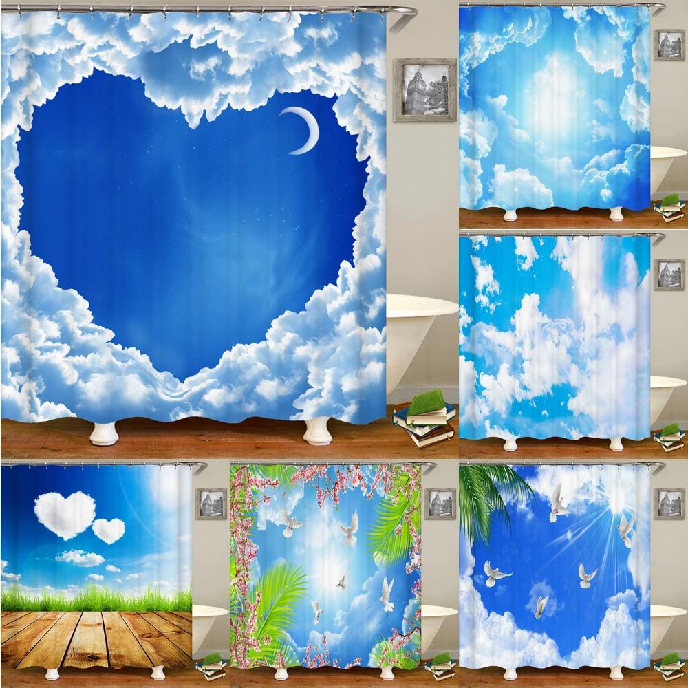 Natural landscape Blue Sky White Clouds Shower Curtains Bathroom Curtain Frabic Waterproof Polyester Bath Curtain with Hooks