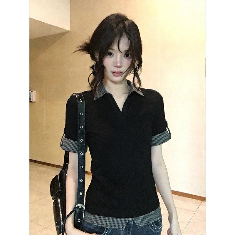 College style polo shirt short-sleeved T-shirt women's summer new Korean plaid splicing slim and thin fake two-piece top