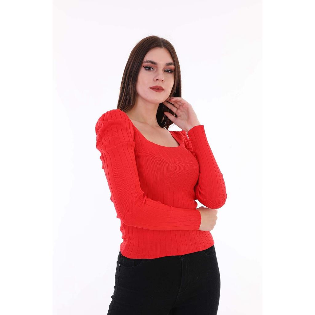 Women's Red Sleeve Pleated Gathered Princess Sleeve Square Collar Blouse Sweater