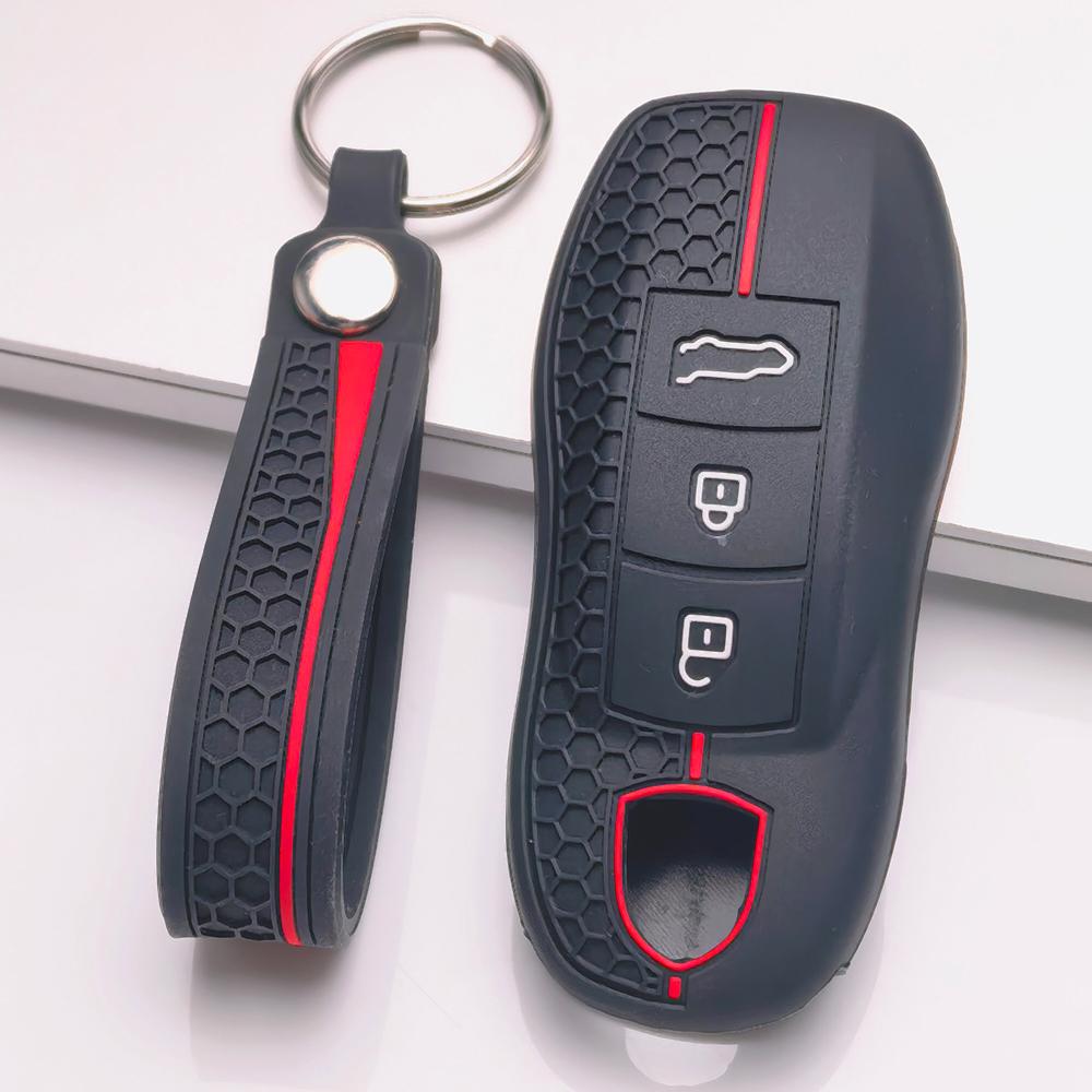 Silicone Smart Key Fob Cover for Porsche Cayenne Macan Panamera 911 Boxster Cayman Taycan 718 Spyder GT3 RS with Keychain Smart Remote Key Protector