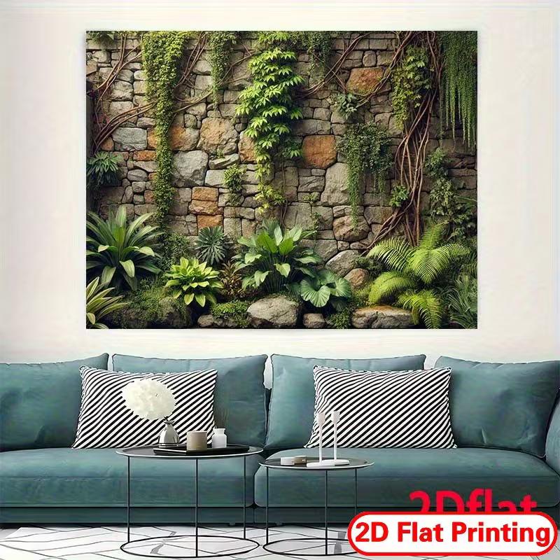 2D Natursteinwand mit Efeu und tropischen Pflanzen Wandteppich, Fotografie-Hintergrund