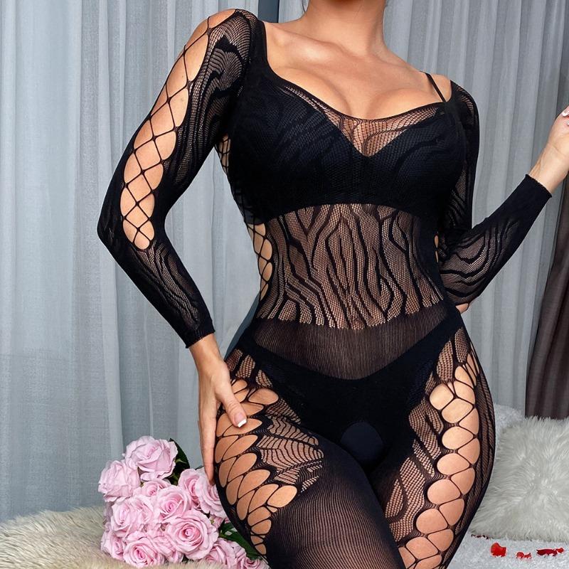 Underwear Stockings Lace Perspective Jacquard Net Socks Neck Lace Long-sleeved One-piece Stockings