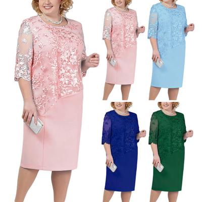 Women Plus Size Prom Dress O-neck Half Sleeve Embroidery Lace Floral Patchwork