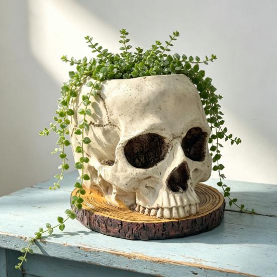 Decorative Resin Ornament Halloween Retro Skull Planter, Spooky Gothic Human Head Flower Pot, Indoor Potted Plant Pot Skeleton Candy Bowl Decoration