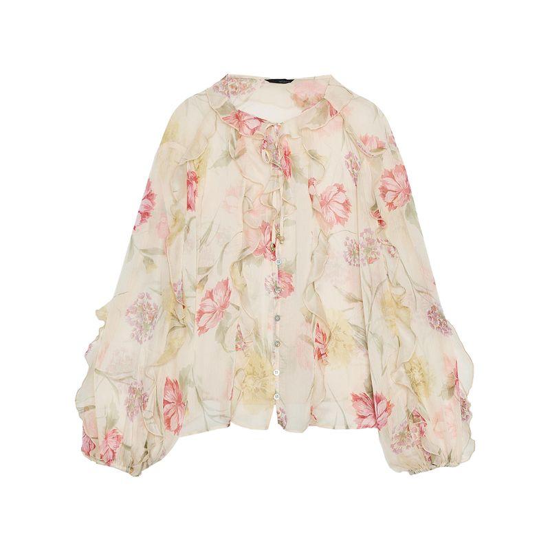 Zaprha 2025 Autumn New Western Style Beautiful Flowers Print Translucent Casual Shirts Women 6852111