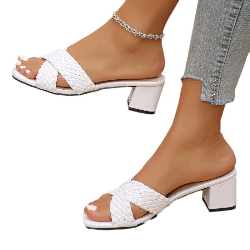 Summer new one-word woven cross-strap wear high heels large size thick heel cool slippers women