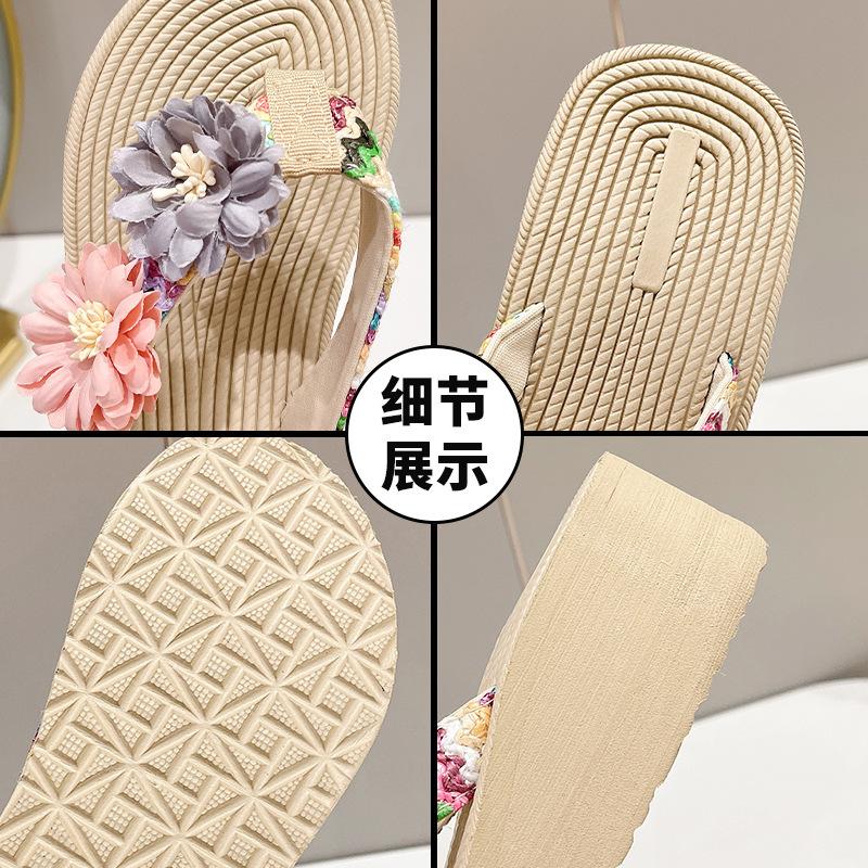 Ins Internet celebrity summer imitation straw hemp sole flower flip-flops women's fashion trend pinch foot thick sole beach shoes