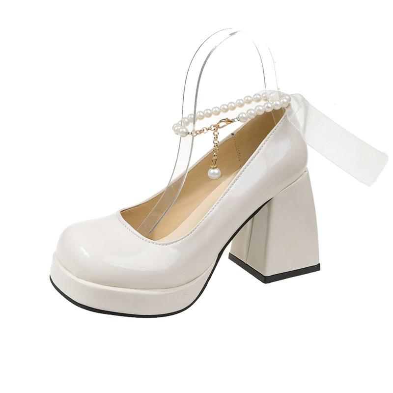 Fashion Luxury Women High Heels Elegant Square Toe Women Bow Mary Jane Shoes Pearl Lace Party Wedding Platform Shoes Fashion Women Pumps