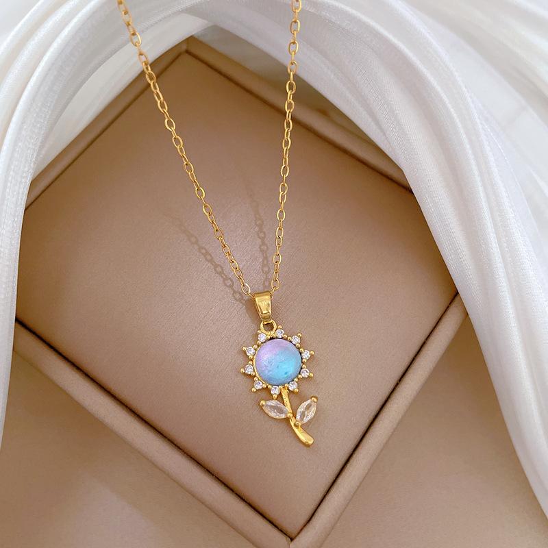 Colorful Sunflower Light Luxury Temperament Gorgeous Full Diamond Necklace Female Versatile Collarbone Chain Titanium Steel Chain
