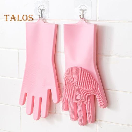 1 Pair Cleaning Gloves Anti-Scalding Reusable Silicone Dishwashing Gloves with Fine Bristles for Home