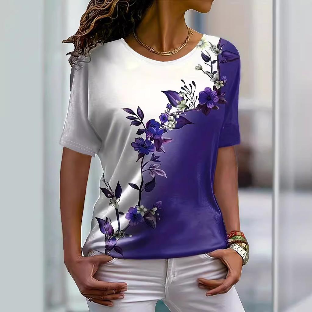 Summer Fashion Floral Asymmetrical Color Blocked Round Neck Short Sleeved Printed Women's T-shirts