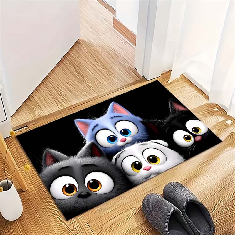 Cartoon Cats Group Non-Slip Doormat, Kawaii Pet Print Entryway Floor Mat