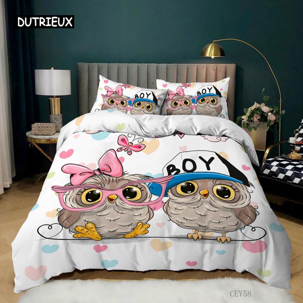 Cartoon Owl Duvet Cover Set King Size Owls In Love Print Cute Partners Couples Twin Bedding Set Soft Microfiber Comforter Cover