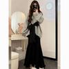 2026 Spring Grey Sweater & High-Waist Skirt Set with Tie-Up Bow Design