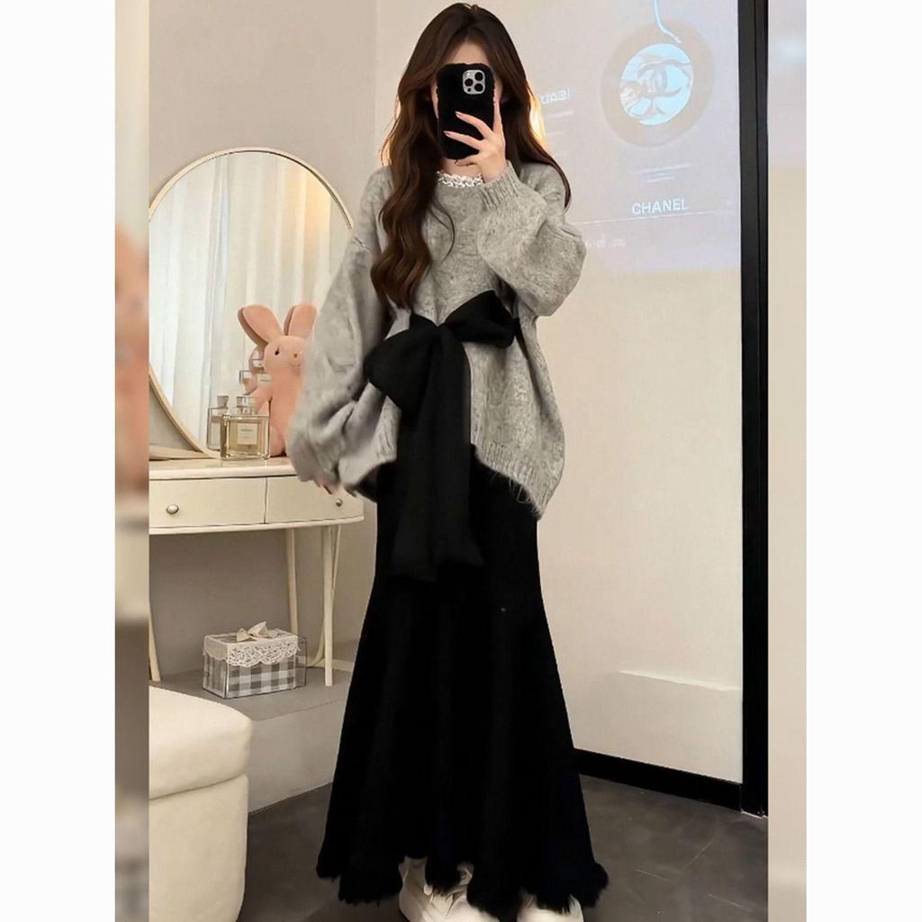 2026 Spring Grey Sweater & High-Waist Skirt Set with Tie-Up Bow Design