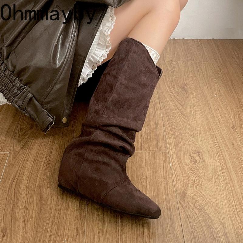 Zimní móda Plisované dámské kozačky po koleno Špičaté boty s vnitřní platformou Streetový styl Moderní dlouhé boty pro ženy