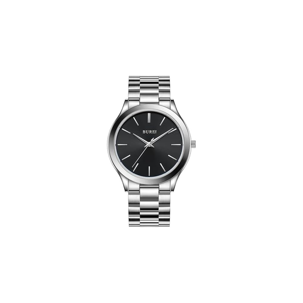 BUREI Men s Analog Quartz Watch Simple Waterproof Black Business Casual Stylish Silver