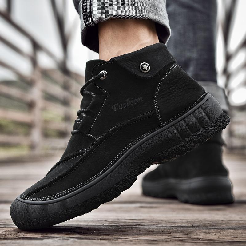 Botas Masculinas da Moda Couro Genuíno Pelúcia Botas de Inverno Masculinas Botins Moda Masculina 0 botas Masculinas com Cadarço Botas de Couro para Tornozelo botas