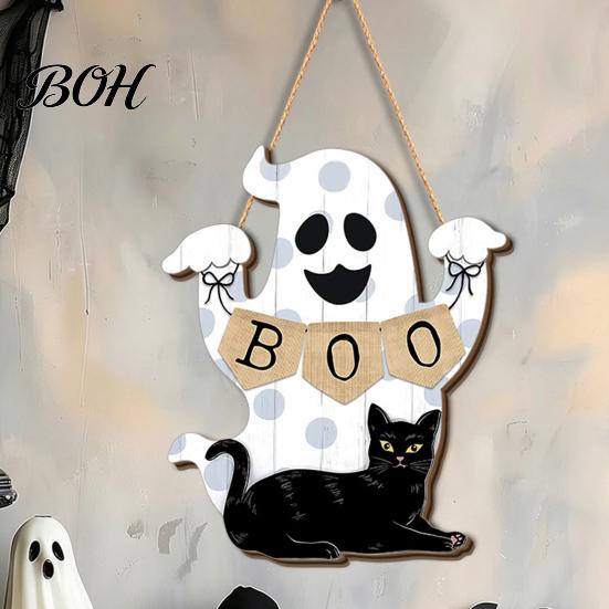 Easy Clean Festive Door Hanger Cute White Ghost Wooden Sign with Black Cat BOO Boho Halloween Room Decoration Banner, Waterproof Front Plaque
