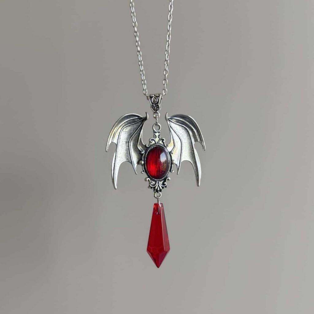 Gothic Baroque Ruby Crystal Necklace With Winged Pendant For Women