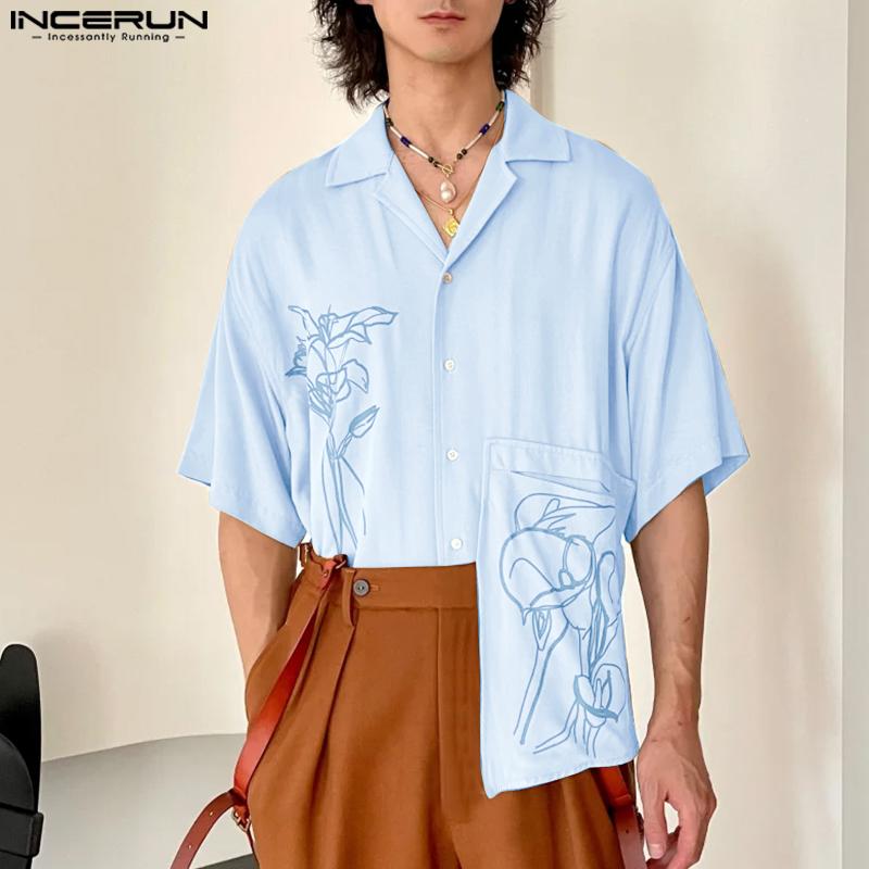 INCERUN Oversized Men Lapel Neck Short Sleeve Buttons Print Casual Shirts