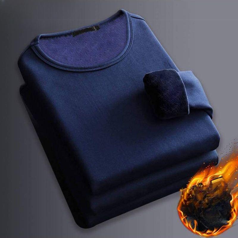 Maglietta intima termica invernale da uomo a maniche lunghe, in pile, con scollo tondo, alla moda, in velluto, imbottita