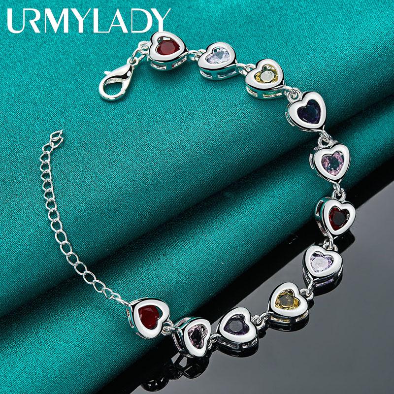 925 Sterling Silver Heart Zircon Chain Bracelet Fashion Jewelry MB242