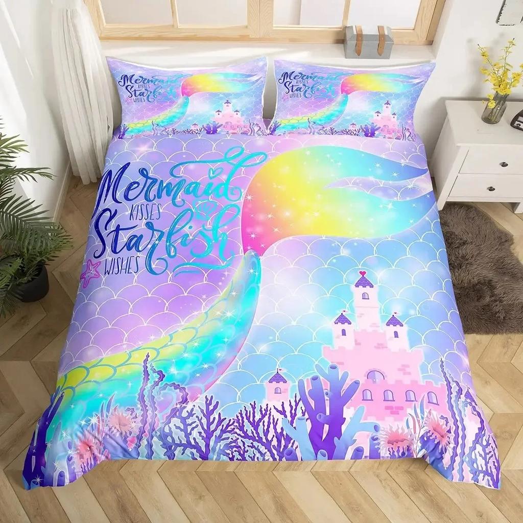 Mermaid Tail Fish Scales Girly Shell Starfish Comfortable Duvet Quilt Cover Pillowcase Bedding Set Children Bedroom Home Textile