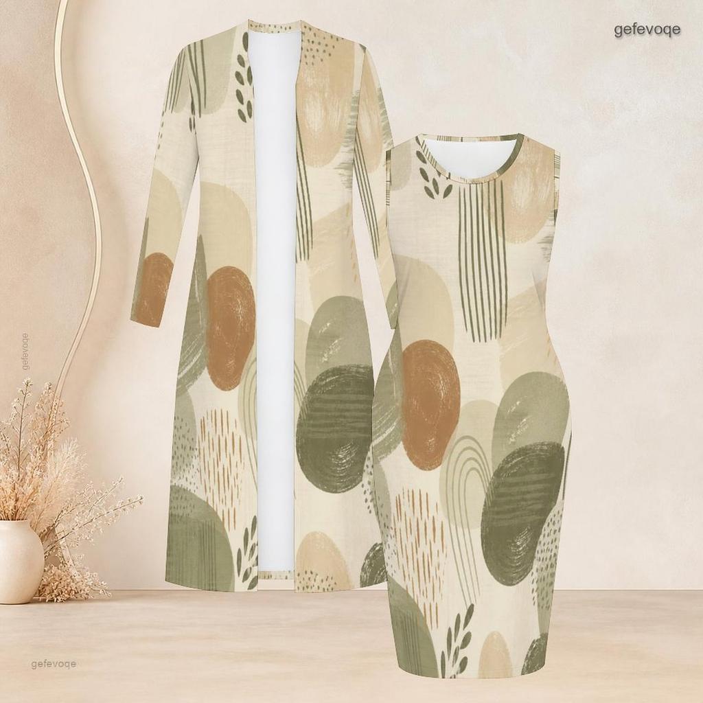 Women Plus Size Colorful Printed Two Piece Set Long Sleeve Open Front Long Cardigan Sleeveless Bodycon Dress