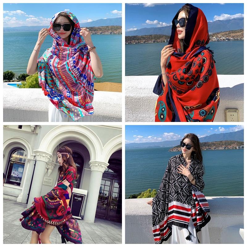 Шарф женский зимние теплые шарфы винтажный богемный этнический стиль шаль накидка пляжное — фото 10