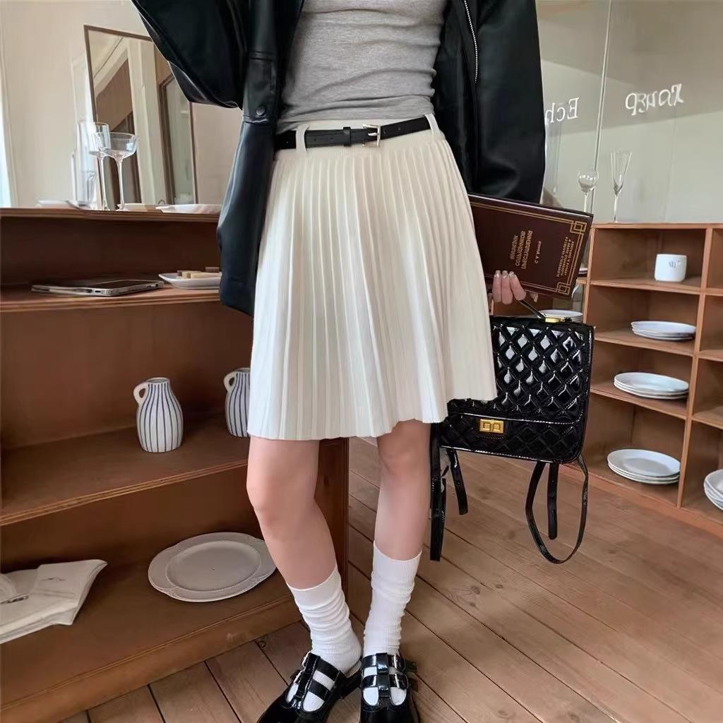 Highly Recommended: High-Waisted Soft Knit A-Line Pleated Skirt for Women - Autumn/Winter Korean Style, Solid Color, Five-Point Length