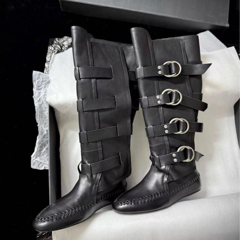 Cowhide version~ Inner heightening belt buckle boots women's new fashion catwalk knight boots versatile Spice Girl fashion boots