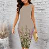 Women Plus Size Crew Neck Sleeveless Midi Dress Vivid Oil Painting Sunflower Floral Print Bodycon Dress