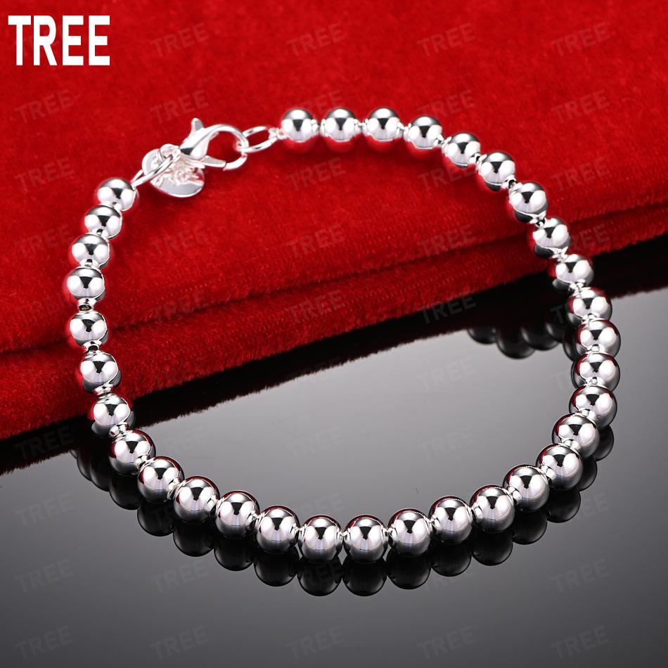 925 Sterling Silver 6mm Simple Beaded Bracelet - Fashionable Gift Jewelry 20cm