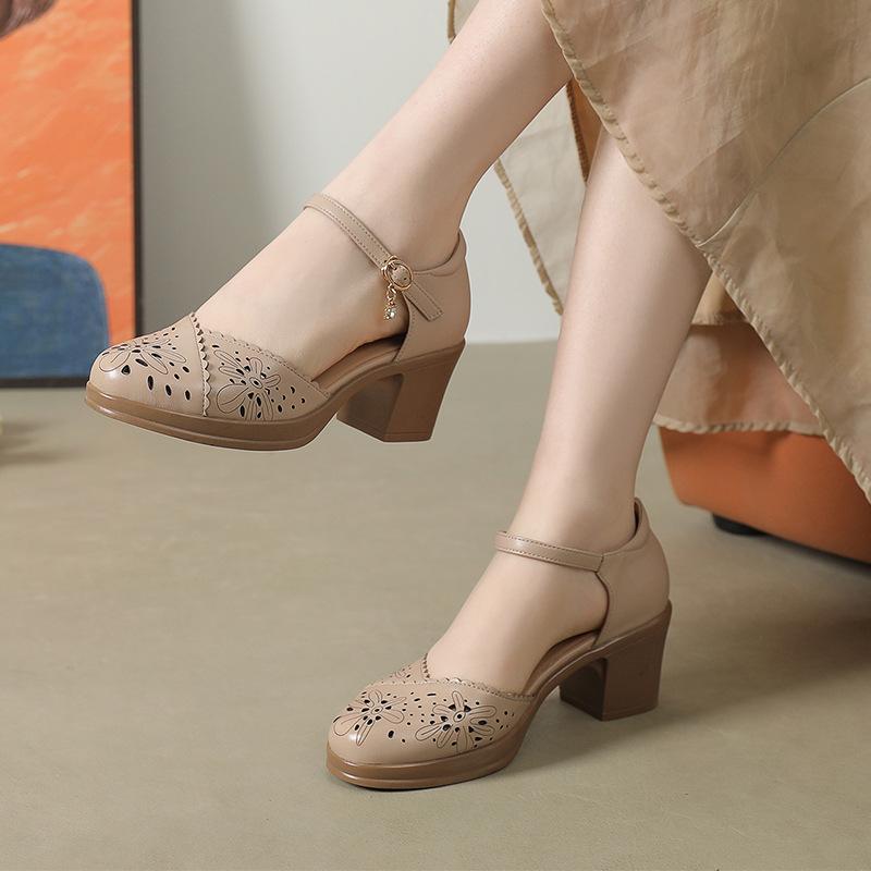 Fashion GKTINOO Genuine Leather Women Sandals Soft Comfort Summer Shoes Thick Heels Non-slip Women Shoes 2025 Hollow Sandals Large Size