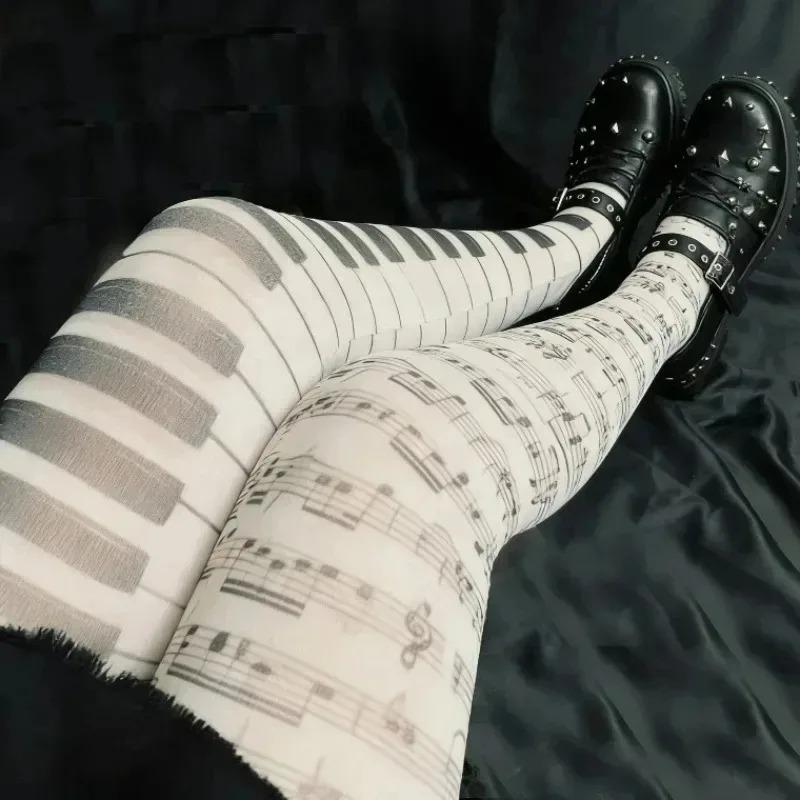 2000S Emo Style Tights Y2K Themed White Leggings with Piano Note Prints Harajuku Style Tights Cute Cosplay Socks